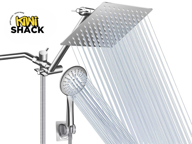 Kiwi Shack high-pressure rainfall shower head and handheld dual shower combo with adjustable extension arm.