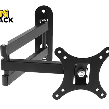 An adjustable black articulating wall mount bracket with a VESA-compatible monitor plate, featuring the "Kiwi Shack" logo in the top-left corner.