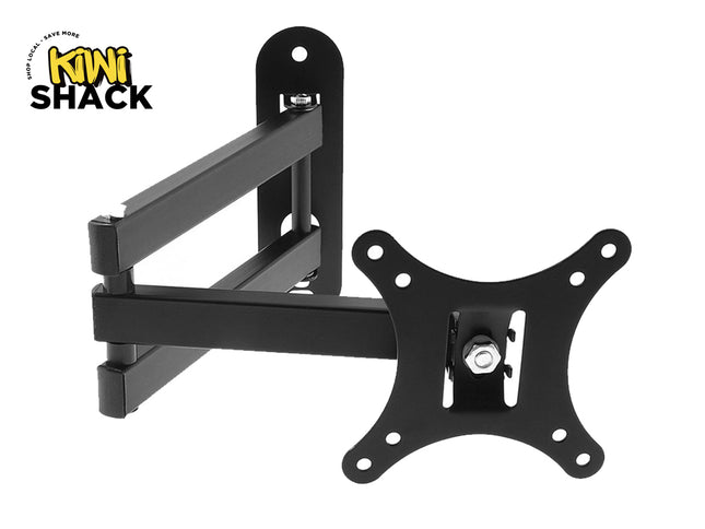 An adjustable black articulating wall mount bracket with a VESA-compatible monitor plate, featuring the "Kiwi Shack" logo in the top-left corner.