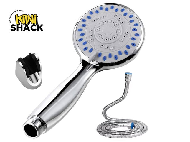 Handheld shower head with flexible hose on a white background, featuring the Kiwi Shack brand.