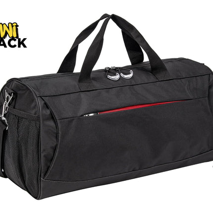 Black sports duffel bag with dual top carry handles, a side mesh pocket, a front zipper compartment with a red accent strip, detachable shoulder strap clips, and the Kiwi Shack logo watermark.