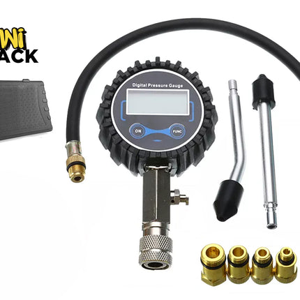 A digital tire pressure gauge kit featuring a main digital display unit with a protective rubber housing, an attached flexible hose, two metal extension wands, four brass adapters, and a black storage case, set against a white background with the "Kiwi Shack" logo in the top left corner.