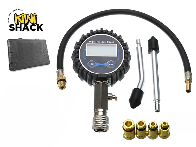 A digital tire pressure gauge kit featuring a main digital display unit with a protective rubber housing, an attached flexible hose, two metal extension wands, four brass adapters, and a black storage case, set against a white background with the "Kiwi Shack" logo in the top left corner.