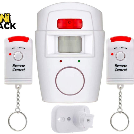A white infrared wireless motion sensor alarm system with a mounting bracket and two remote control keychains, featuring the "Kiwi Shack" logo in the top-left corner.