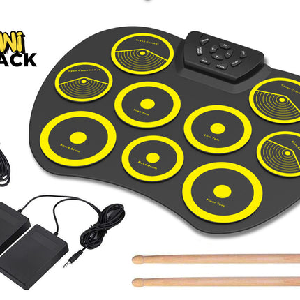 Electronic drum pad with yellow circles, foot pedals, and drumsticks on a white background, featuring Kiwi Shack branding.