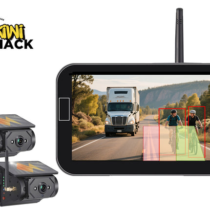 Wireless AI BSD / truck reversing camera system featuring a top-antenna monitor showing a front-road view with cyclist detection bounding boxes, two solar-powered wireless cameras on the left, and Kiwi Shack logo in top left.