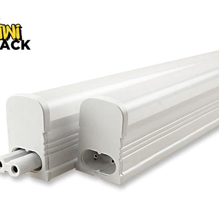 Two linear LED tube light fixtures with white grooved housings and end caps, showing male and female plug connector ends side-by-side, featuring Kiwi Shack logo in top left.