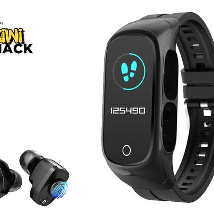 Black smartwatch with a rectangular display showing a foot icon and the number 125490, shown alongside two matching wireless earbuds. A Kiwi Shack logo is visible in the top-left corner on a plain white background.