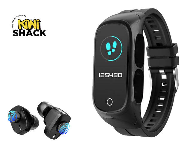 Black smartwatch with a rectangular display showing a foot icon and the number 125490, shown alongside two matching wireless earbuds. A Kiwi Shack logo is visible in the top-left corner on a plain white background.