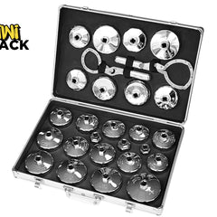 An open metal carrying case containing a comprehensive set of chrome oil filter socket wrenches and strap wrenches neatly organized in custom foam slots against a white background, featuring the "Kiwi Shack" logo in the upper left corner.