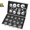 An open metal carrying case containing a comprehensive set of chrome oil filter socket wrenches and strap wrenches neatly organized in custom foam slots against a white background, featuring the "Kiwi Shack" logo in the upper left corner.