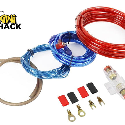 Wiring kit with red, blue, and brown cables, connectors, and a Kiwi Shack logo on a white background.