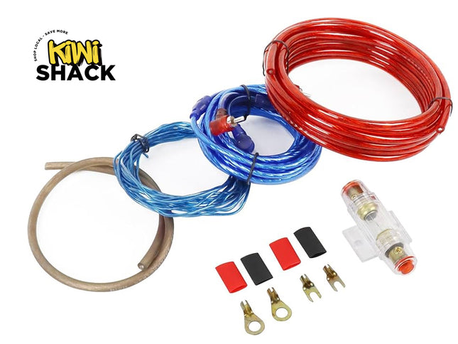 Wiring kit with red, blue, and brown cables, connectors, and a Kiwi Shack logo on a white background.