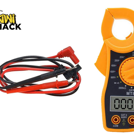 Digital multimeter with red and black leads on a white background, featuring the Kiwi Shack brand.