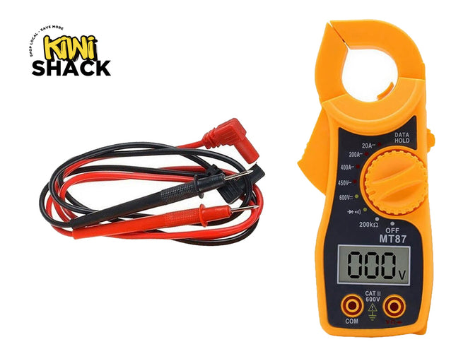 Digital multimeter with red and black leads on a white background, featuring the Kiwi Shack brand.