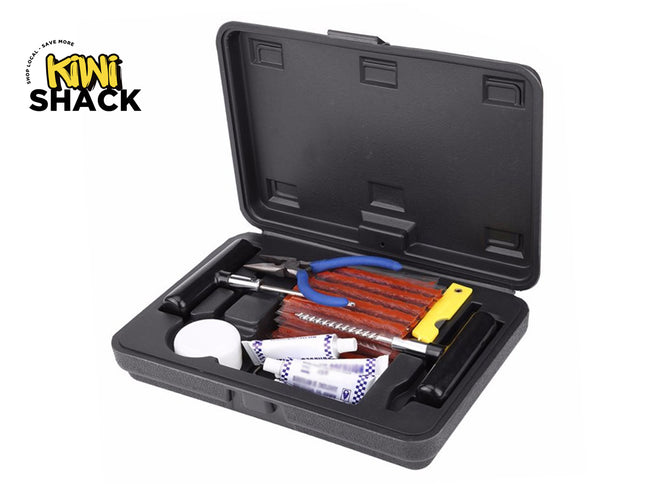 A black plastic storage case opened to reveal a complete tire repair kit, including a T-handle insert tool, spiral probe tool, pliers, rubber cement tubes, a jar of lubricant, and multiple rows of brown tire repair plugs. A "Kiwi Shack" logo is visible in the top left corner.