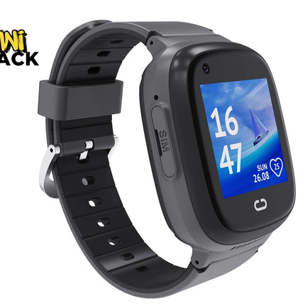 Black smartwatch with a colorful display on a white background, branded 'Kiwi Shack'.