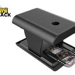 Black film scanner with 35mm film reels on a white background, featuring the Kiwi Shack logo.