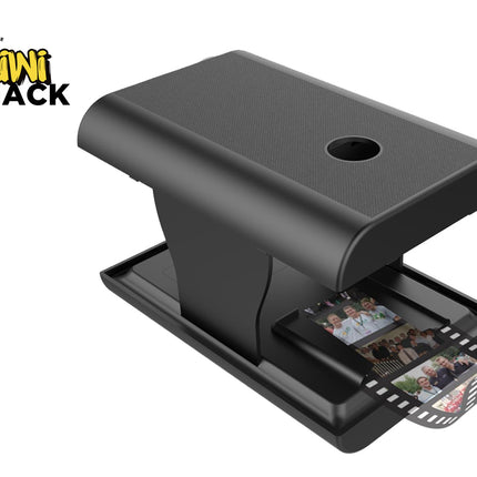 Black film scanner with 35mm film reels on a white background, featuring the Kiwi Shack logo.