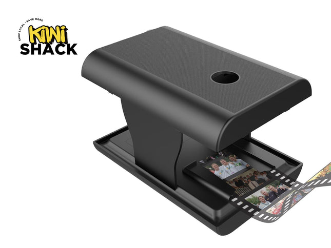 Black film scanner with 35mm film reels on a white background, featuring the Kiwi Shack logo.