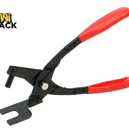 Black automotive upholstery clip pliers with red dipped comfort grip handles and a slotted lower jaw mechanism, featuring a "Kiwi Shack" logo in the top left corner.