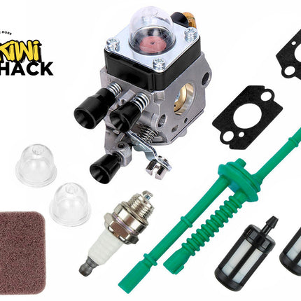 Set of carburetor and related parts with Kiwi Shack logo on a white background