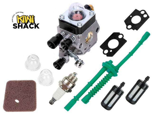 Set of carburetor and related parts with Kiwi Shack logo on a white background