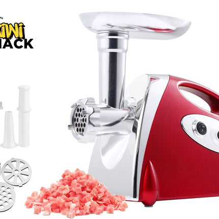 Red and silver meat grinder with attachments and ground meat on a white background, featuring the Kiwi Shack brand.