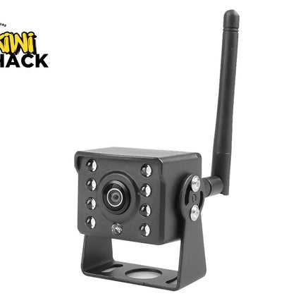 Black security camera with antenna on a white background, featuring the Kiwi Shack logo.