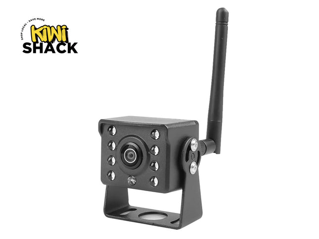 Black security camera with antenna on a white background, featuring the Kiwi Shack logo.