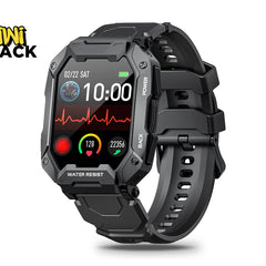 Black rugged smartwatch with a heart rate monitor display on a white background, branded 'Kiwi Shack'.