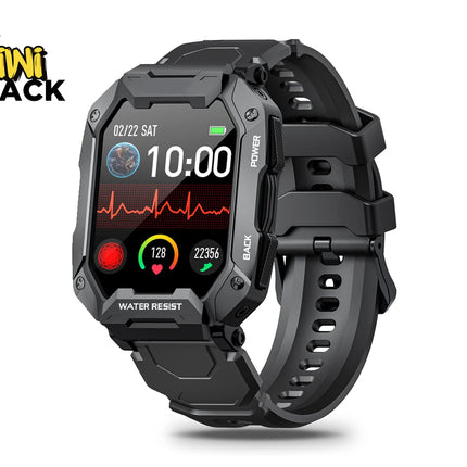 Black rugged smartwatch with a heart rate monitor display on a white background, branded 'Kiwi Shack'.