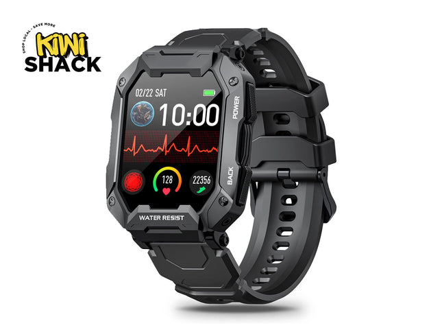 Black rugged smartwatch with a heart rate monitor display on a white background, branded 'Kiwi Shack'.