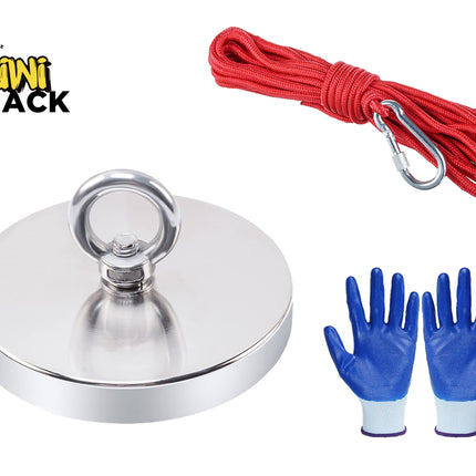 Metallic magnet, red rope with carabiner, and blue gloves on a white background with Kiwi Shack logo.