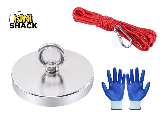 Metallic magnet, red rope with carabiner, and blue gloves on a white background with Kiwi Shack logo.