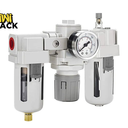 Air filtration and regulation device with a gauge on a white background, branded 'Kiwi Shack'.