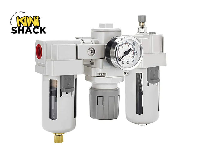 Air filtration and regulation device with a gauge on a white background, branded 'Kiwi Shack'.