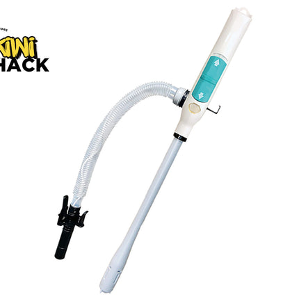A Kiwi Shack electric can opener with a white handle, a clear corrugated suction tube, and a black clip, shown on a white background with the Kiwi Shack logo in the top-left corner.
