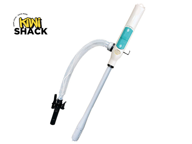 A Kiwi Shack electric can opener with a white handle, a clear corrugated suction tube, and a black clip, shown on a white background with the Kiwi Shack logo in the top-left corner.