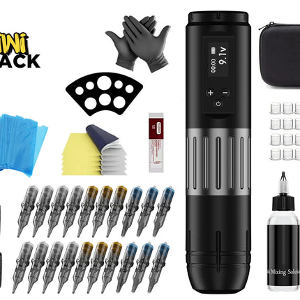 Wireless rotary tattoo pen kit featuring a black digital power unit showing 9.1V, two rolls of black grip wrap, blue pen cover sleeves, thermal stencil paper sheets, dark gloves, ink cups, two ink/stencil bottles, and a black storage case, with Kiwi Shack logo in top left.