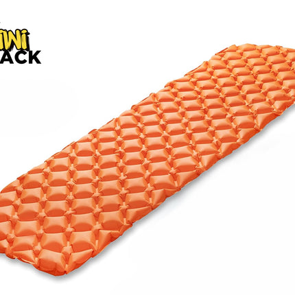 Kiwi Shack lightweight inflatable orange camping sleeping mat with ergonomic honeycomb air cells for backpacking and outdoor travel.
