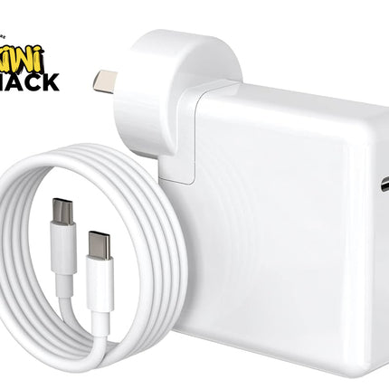 White power adapter with USB-C cable on a white background, featuring the Kiwi Shack logo.