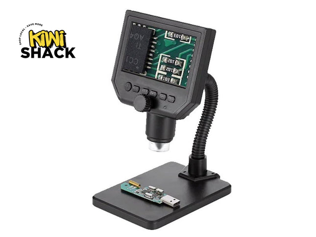 A Kiwi Shack electronic microscope with a flexible gooseneck arm and a black stand, shown on a white background with a Kiwi Shack logo in the top-left corner.