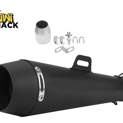 A matte black motorcycle exhaust muffler pipe shown alongside a silver dB killer insert, mounting springs, a bracket, and hardware, featuring a "Kiwi Shack" logo in the top left corner.
