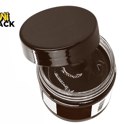 An open glass jar of dark brown shoe polish with its matching dark lid tilted off to the side, revealing a smooth waxy surface against a white background, featuring the "Kiwi Shack" logo in the upper left corner.