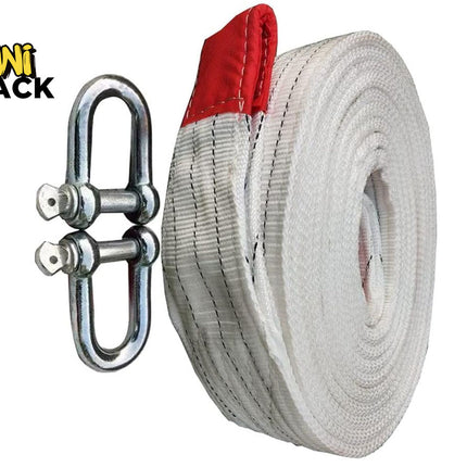Kiwi Shack white slackline or tow strap rolled up with a red reinforced end loop and two silver shackles.