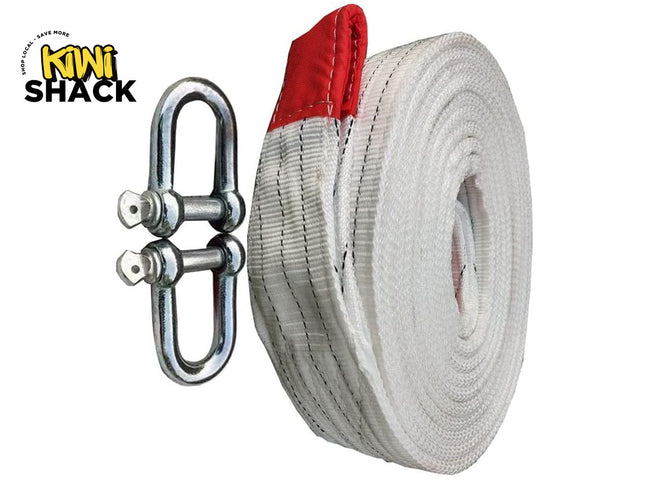 Kiwi Shack white slackline or tow strap rolled up with a red reinforced end loop and two silver shackles.
