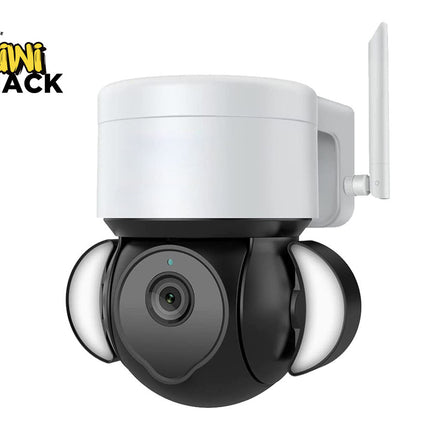 A white and black wireless security camera with three LED light bars, shown on a white background with a Kiwi Shack logo in the top-left corner.