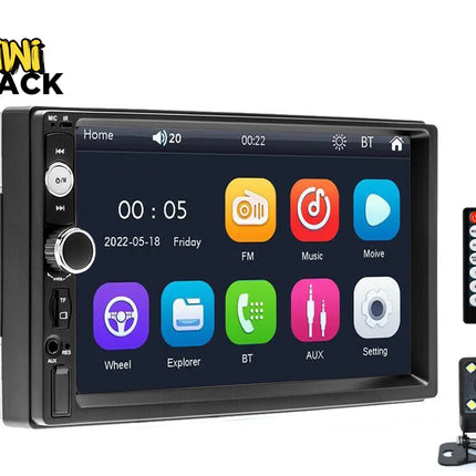 Car multimedia system with touchscreen display, remote control, and camera on a white background with 'Kiwi Shack' branding.