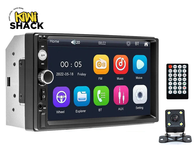 Car multimedia system with touchscreen display, remote control, and camera on a white background with 'Kiwi Shack' branding.